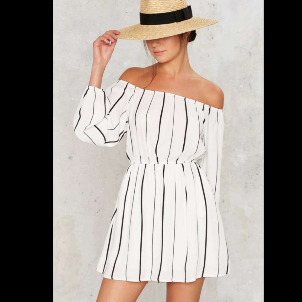 Line of the Times White Black Off Shoulder Dress